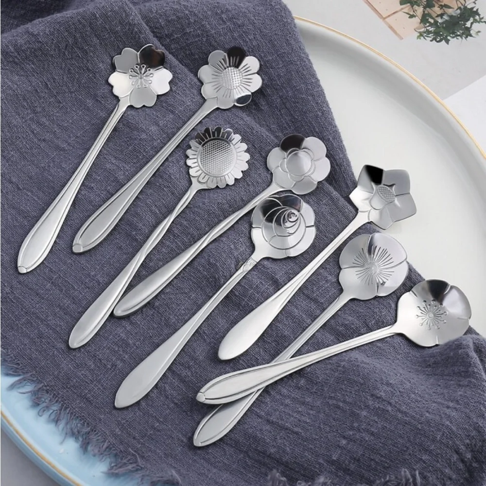 Set of 8 Silverware Flower Heart Stainless Steel Spoons, 8 Piece Flower Spoons